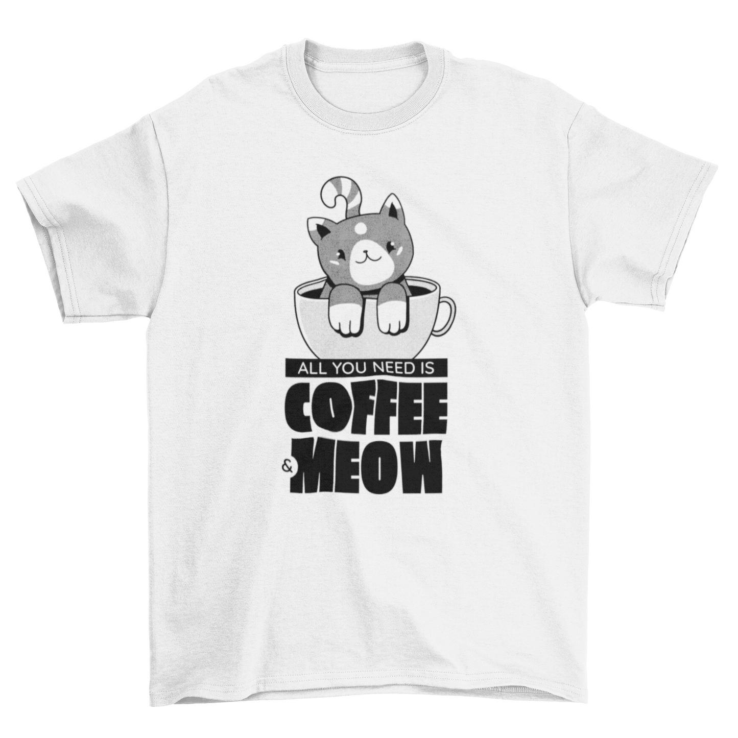 T-shirt with cute cartoon cat in coffee mug and “Coffee & Meow” quote