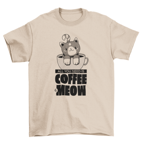 Shirt featuring text “All You Need is Coffee & Meow” and cat art