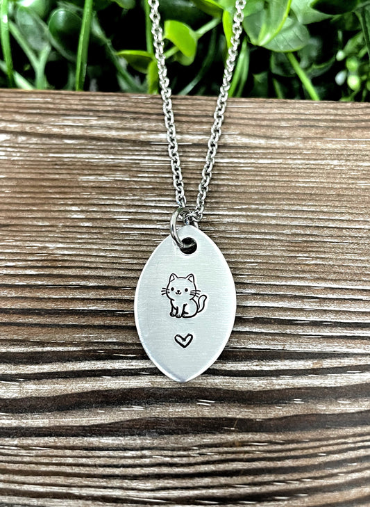 Cute Cat Heart Fun Animal Themed Hand Stamped Necklace
