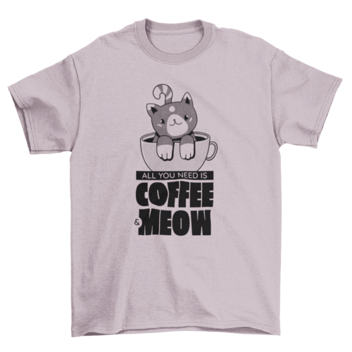 Graphic tee with cat peeking out of cup and bold lettering